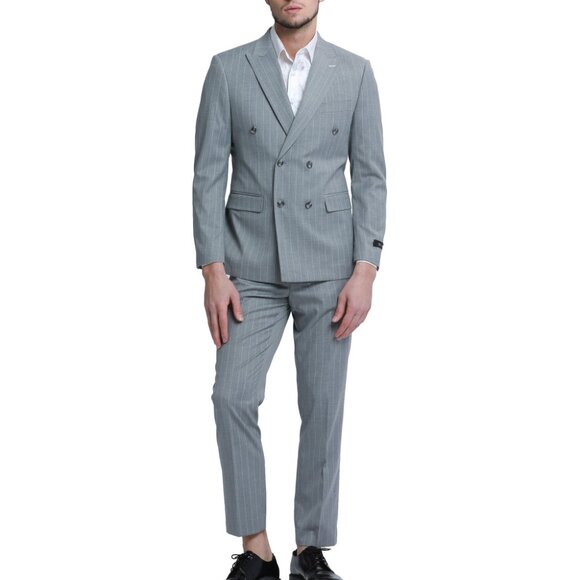 Grey Pinstripe Double Breasted Peak Lapel Skinny Fit Men's Suit